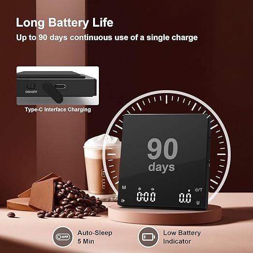 Rechargeable Mini Coffee Scale, Diyife Pour Over Coffee Scale with Timer, 2kg/0.1g Accurate Scale, Auto/Manual Timing, Mini Portable Digital Kitchen Scale for Drip Coffee, Espresso, French Press