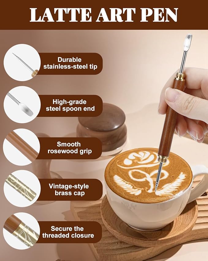1PCS Latte Art Pen with Rosewood Handle, 304 Stainless Steel Coffee Needle & Mini Sculpting Spoon, Vintage Brass Cap, Latte Pen for Coffee Foam Etching, Coffee Bar Accessory