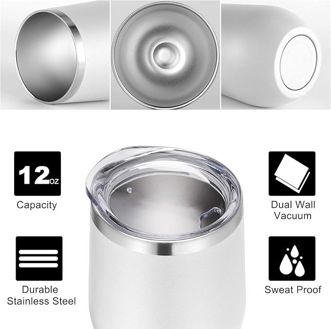 VEGOND Wine Tumblers Bulk 6 Pack, 12oz Stainless Steel Stemless Wine Glass with Lids and Straws, Double Wall Vacuum Insulated Tumbler Cup, Coffee Mug for Cold Hot Drinks