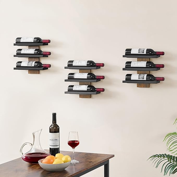 Hoctieon 3 Tier Wall Mount Wine Rack Set (9 Bottles), Wall Mounted Wine Bottle Rack for Display and Storage, Hanging Bottle Holder, for Living Room, Dining Room,Bar,Wine Cellar,Rustic Brown
