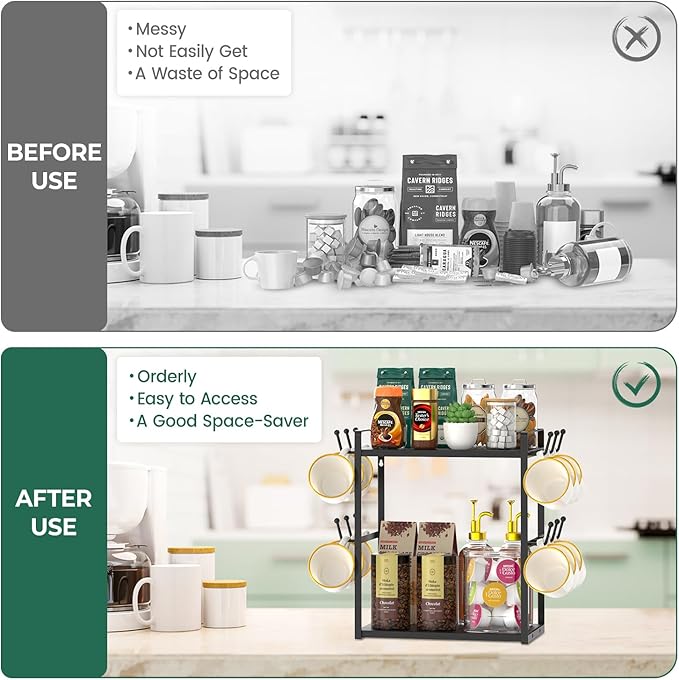 EsLuker.ly 2 Tier Coffee Mug Holder Station Bar Organizer Countertop, Mug Cup Tree Rack for Kitchen Office, Storage Shelf with 12 Hooks, Creat Stylish Coffee Corner, Black