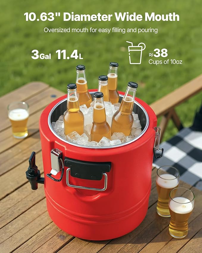 VEVOR Insulated Beverage Dispenser, 3 Gal/11.4L Thermal Hot and Cold Drink Server Dispenser with Spigot, Food-Grade Cooler Jug with 304 Stainless Steel Interior, for Tea Coffee Restaurant Outdoor