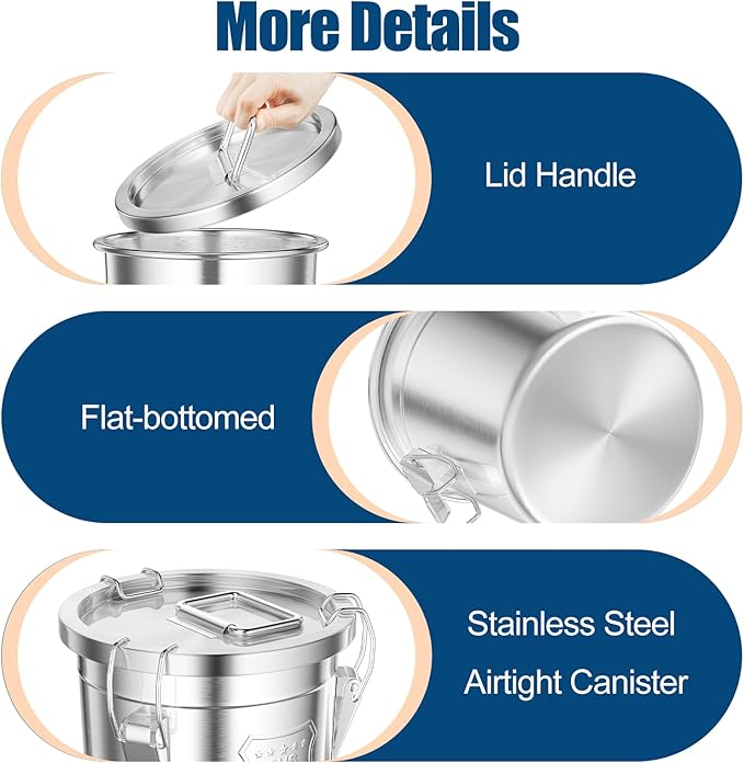 304 Stainless Steel Airtight Canister, 1.6Gal /203oz/6L Airtight Food Storage Container with Lid Lock Clips, Flour Container Metal Bucket Food Storage Container for Rice, Flour, Grain, Coffee Bean