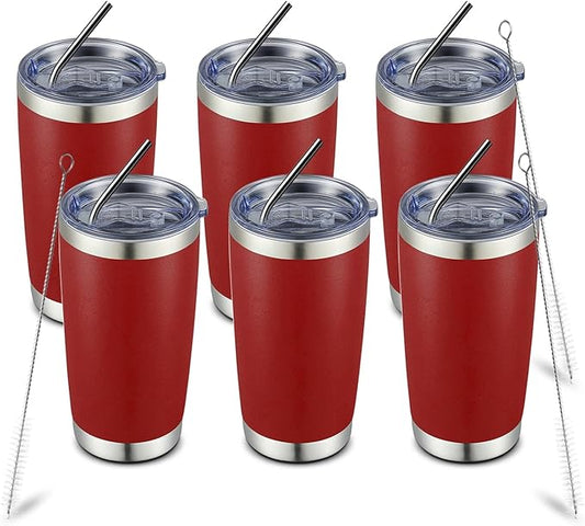 COMOOO 20oz Double Wall Vacuum Insulated Travel Mug, Stainless Steel Tumbler with Lid and Straw Durable Powder Coated Insulated Coffee Cup for Cold & Hot Drinks (Red, 6 PACK)