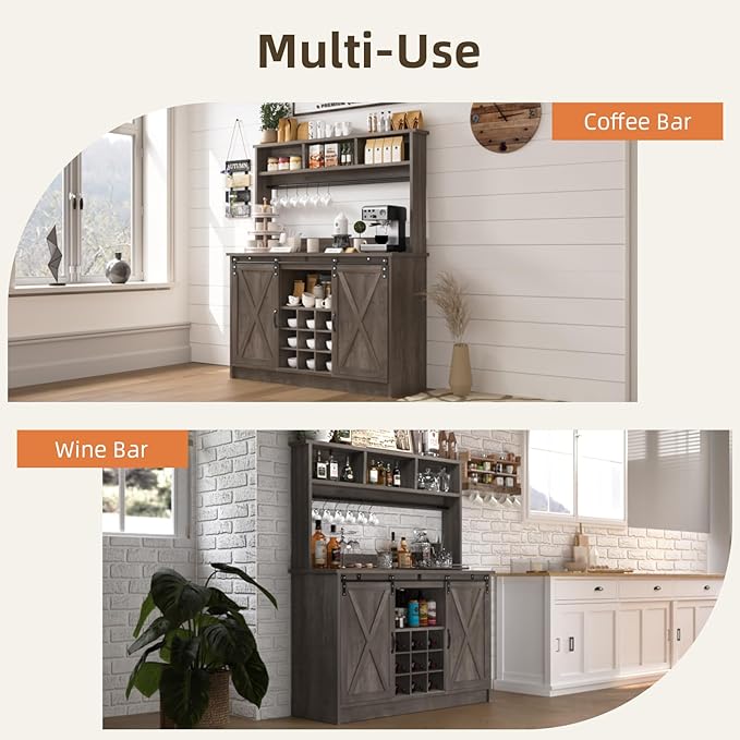 4ever2buy Farmhouse Coffee Bar Cabinet with 3 Storage Hutch, 47”Coffee Bar with Sliding Barn Doors, Hutch Cabinet with 6 Hooks & 9 Wine Racks for Dining Room, Kitchen, Wash Grey