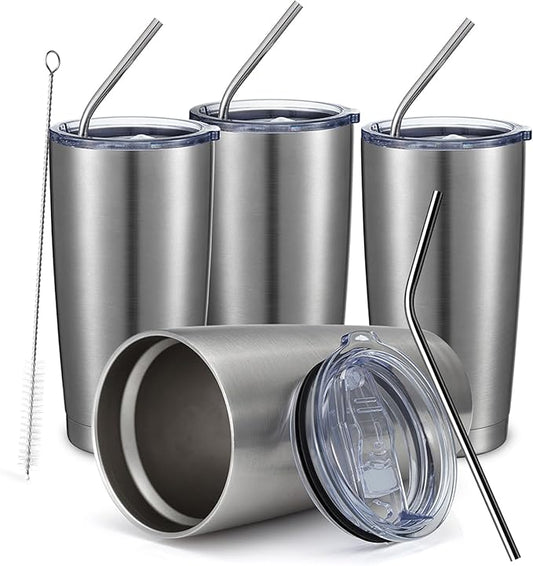 COMOOO 20oz Stainless Steel Tumbler Bulk Double Wall Vacuum Coffee Cup Insulated Travel Mug with Lid and Straw Durable Powder Coated Insulated Coffee Cup for Cold & Hot Drinks (silver, 4 pack