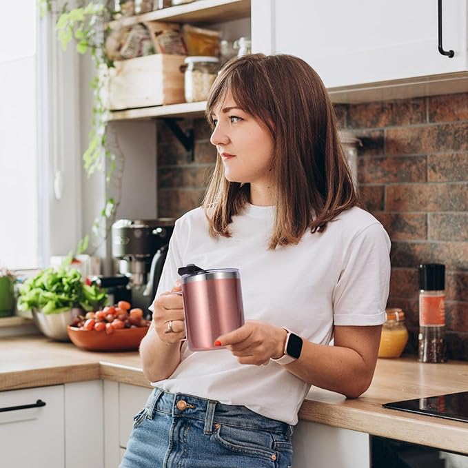 Volhoply 12oz Insulated Leakproof Coffee Mug with Flip & Straw Lid Bulk 2 Pack,Double Wall Vacuum Stainless Steel Travel Tumbler Cup with Handle,Reusable Camping Mugs Keep Cold/Hot(Rose Gold,2 Set)