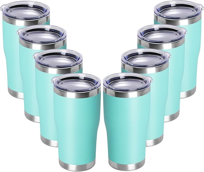 DOMICARE 20oz Tumbler with Lid Stainless Steel Tumblers Bulk, Double Wall Vacuum Insulated Coffee Travel Mug Powder Coated Tumbler, 8 Count (Pack of 1) Light Blue