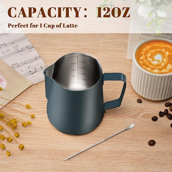 Milk Frothing Pitcher, 12 oz Milk Frother Cup with Clear Scale, 304 Stainless Steel Cappuccino Espresso Machine Accessories for Barista Coffee Bar with Latte Art Pen, Blue