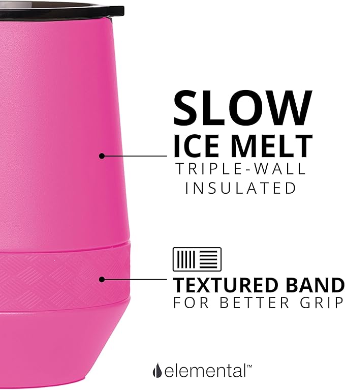 Elemental Recess Wine Tumbler - Triple Wall Insulated Stainless Steel Coffee Mug for Hot & Cold Drinks - Portable Cup with Shatterproof Sip Lid for Camping, Outdoor & Travel - 10oz - Hot Pink