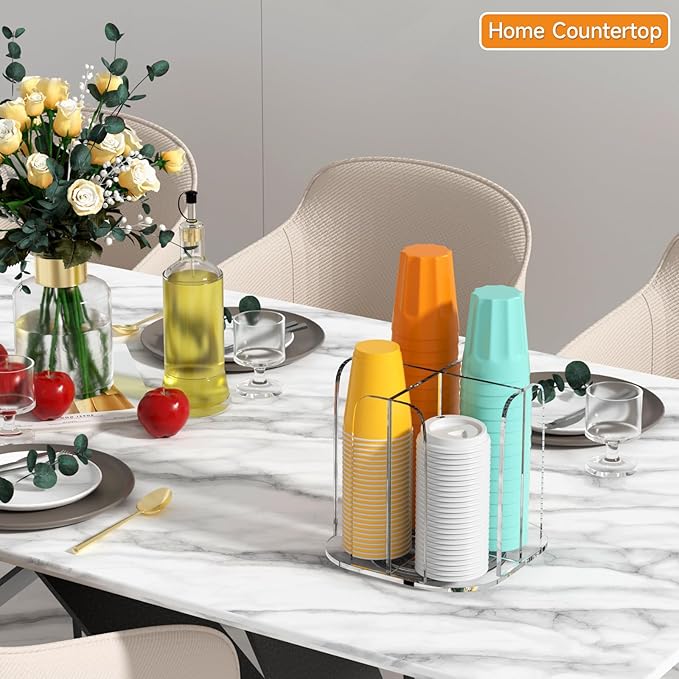 Beego Rotatable 4-Compartment Acrylic Cup Dispenser - Coffee Station Cup and Lid Carousel Countertop Plastic Cup Holder for Restaurant Breakroom Coffee Bar