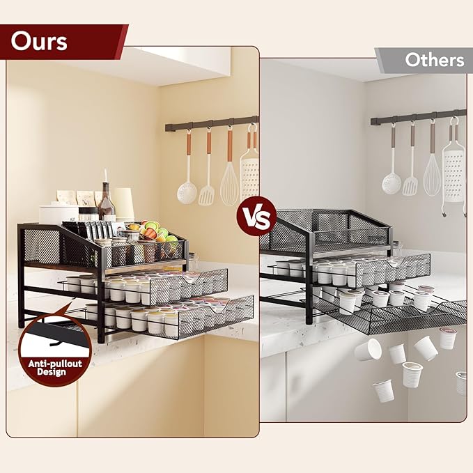 Coffee Bar Organizer - Coffee Station for Countertop, Metal and Wood K Cup holder Storage Basket for Coffee Pods, Syrup, Cups, Stirrer, Coffee Condiment, Tea Organizer, Black and Brown