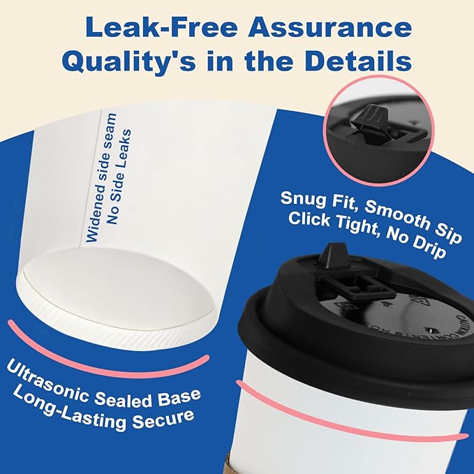 16 oz 100 Pack Coffee Cups with Lids and Sleeves, Straws, Hot Disposable To Go Travel Paper Cups Bulk for Office, Home Coffee Bar Accessories, Chocolate, Cocoa, Beverage (White)