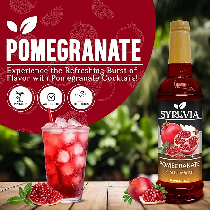 Syruvia Pomegranate Syrup, Flavored Syrup for Drinks, Cocktails, Lemonades, Iced Teas, and Desserts – 25.4 fl oz