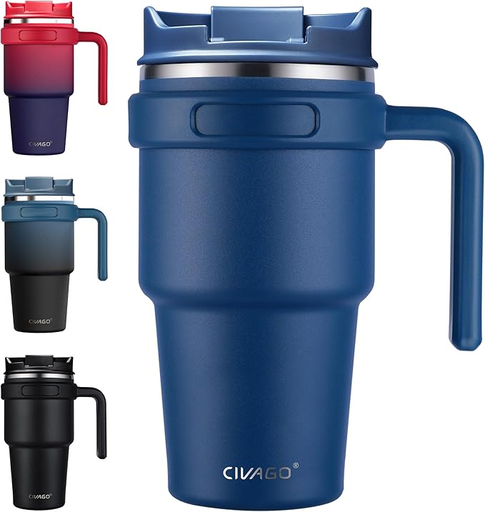 CIVAGO 20 oz Tumbler Mug with Lid and Straw, Insulated Travel Coffee Mug with Handle, Double Wall Stainless Steel Vacuum Coffee Tumbler, Thermal Coffee Cup, Flip lid, Navy Blue
