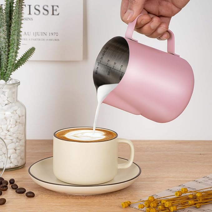 Milk Frothing Pitcher, 20 oz Milk Frother Cup with Clear Scale, 304 Stainless Steel Cappuccino Espresso Machine Accessories for Barista Coffee Bar with Latte Art Pen, Pink