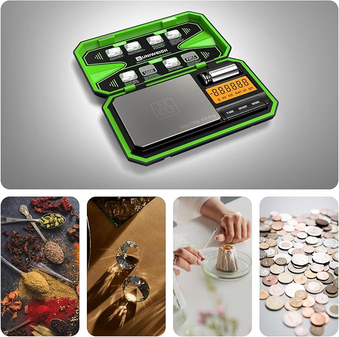 Digital Pocket Scale 200g/0.01g, Digital Scale Grams, Jewelry Scale,Coins Scale with 50g Cal Weights for Powder,Small Items,Tea,Jewelry,Coins (Battery Included)-Fluorescent Green