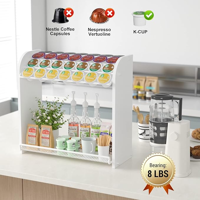 Coffee Pod Organizer for Countertop, Bamboo K Cup Holder, Easy Assembly Coffee Station Organizer for Home Office Coffee Bar, White