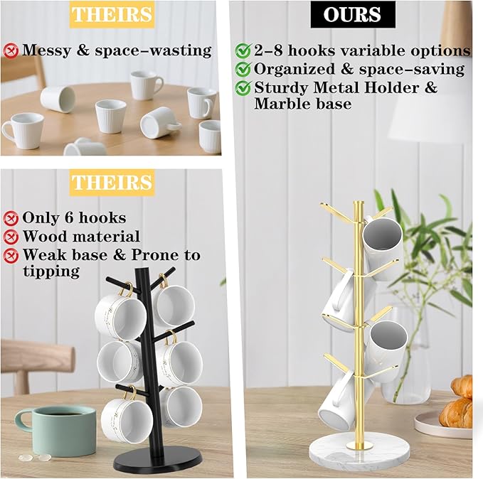 Marble Mug Holder Tree with 8 Hooks, Stainless Steel Coffee Cup Holder, Non-Slip Silicone Pads, Heavy Duty Marble Base, Countertop Organizer for Kitchen & Cafe, Gold