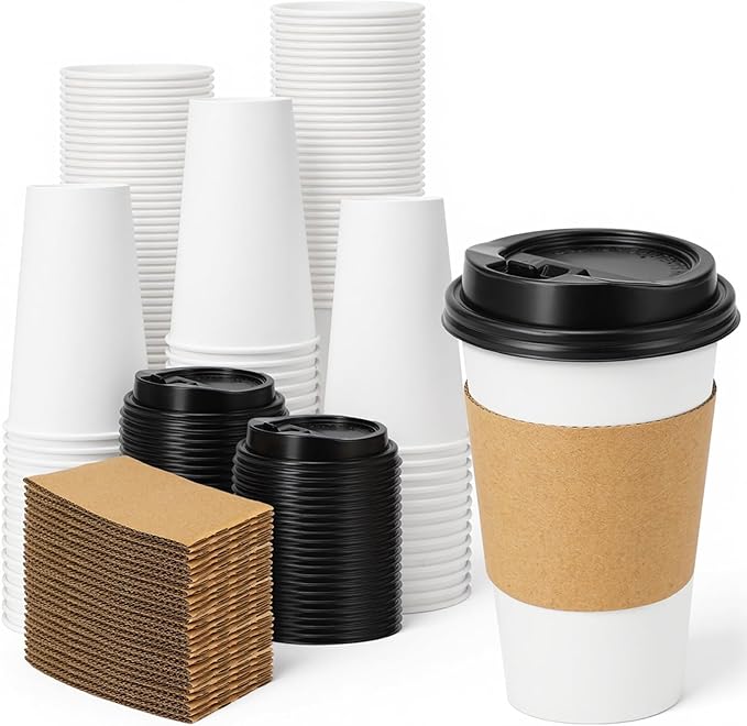 Lamosi 100 Pack 16 oz Disposable Coffee Cups with Lids and Sleeves, White Leak-Proof To Go Coffee Cups with Lids, Hot/Cold Beverage White Drinking Cup for Home, Office, Parties, Travel