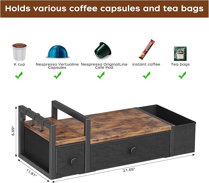Homeiju Coffee Pod Drawers - K Cup Organizer, Nespresso Pods Holder with Mug Rack, Coffee Holder for Countertop, 52 Capacity Pods, Suitable for Kitchens, Offices and Coffee Bars(Brown)