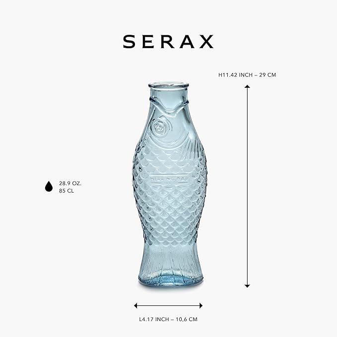 Serax Glass Water Pitcher | Fish & Fish glassware by Paola Navone | Wine Carafe Decanter 28.74 fl oz | Clear Light Blue Bottle Container, hot or cold Drinks | Beverage Dispenser | Suitable as Vase