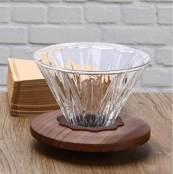 Glass Coffee Dripper with 100 pcs of Size 02 Paper Filter, Borosilicate Glass & Walnut Collar, Pour Over Coffee Maker, 1-3 Cups, Clear