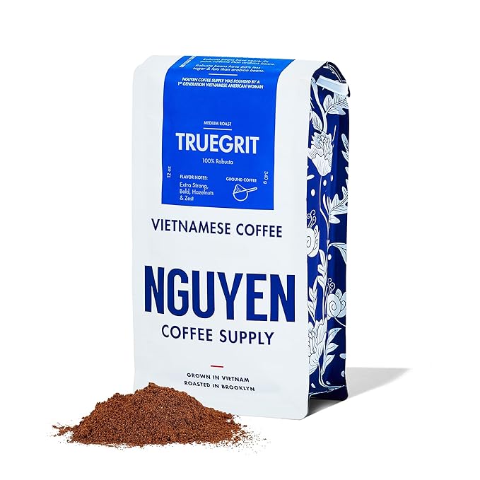 Nguyen Coffee Supply - Truegrit Robusta: Medium Roast Ground Coffee Beans, Vietnamese Single Origin, Direct Trade, Low Acid with High Caffeine Content, Roasted in Brooklyn [12 oz Bag]