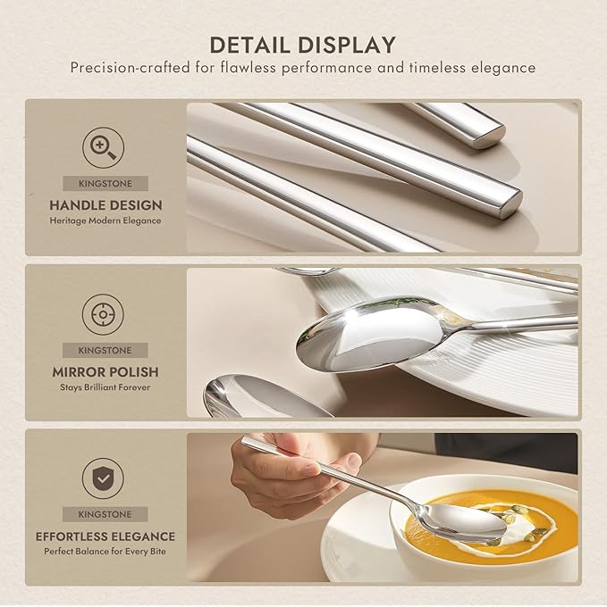 KINGSTONE Dinner Spoon Set, 4-Piece Tablespoons Silverware Spoons, Premium Food Grade Stainless Steel Spoons, Mirror Finish & Dishwasher Safe, Use for Kitchen, Home, Wedding, Party