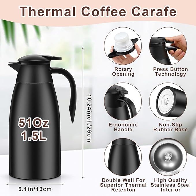Norme 2 Pcs Thermal Coffee Carafe Insulated Stainless Steel Coffee Carafe for Hot Liquid Vacuum Thermal Pot Creamer Pitcher Dispenser with Brushes Keeping Hot Water Milk(Black,51 oz)