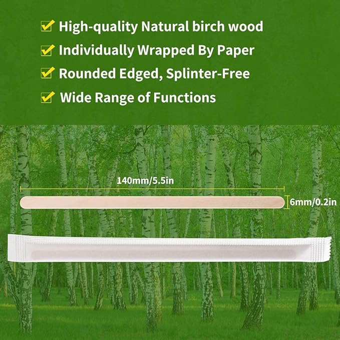200pcs Individually Wrapped Coffee Stirrers Wood - 5.5" Coffee Stir Sticks, Round End Disposable coffee stirrer, For Coffee, Cocktail and Hot Drinks