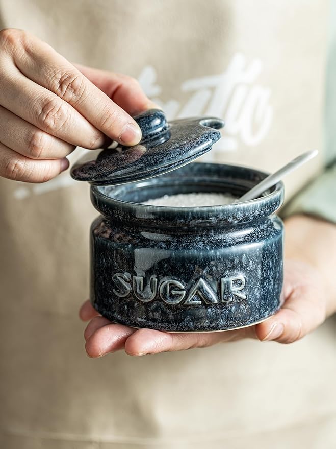 Gomakren Sugar Bowl with Lid and Spoon, Sugar Container Sugar Dish 10oz, Ceramic Sugar Jar for Coffee Bar, Kitchen, Countertop - Modern Farmhouse Kitchen Christmas Decor, Blue