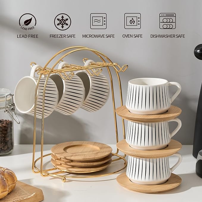 LUKA Ceramic Coffee Espresso Cups with Saucers Set with Metal Holder, 4 oz Porcelain Demitasse Cups For Tea, Espresso, Latte, Coffee, Cafe Mocha, Set of 6, White