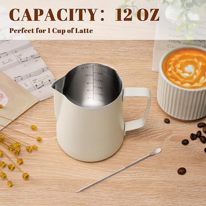 Milk Frothing Pitcher, 12oz Milk Frother Cup with Clear Scale, 304 Stainless Steel Cappuccino Espresso Machine Accessories for Barista Coffee Bar with Latte Art Pen, White