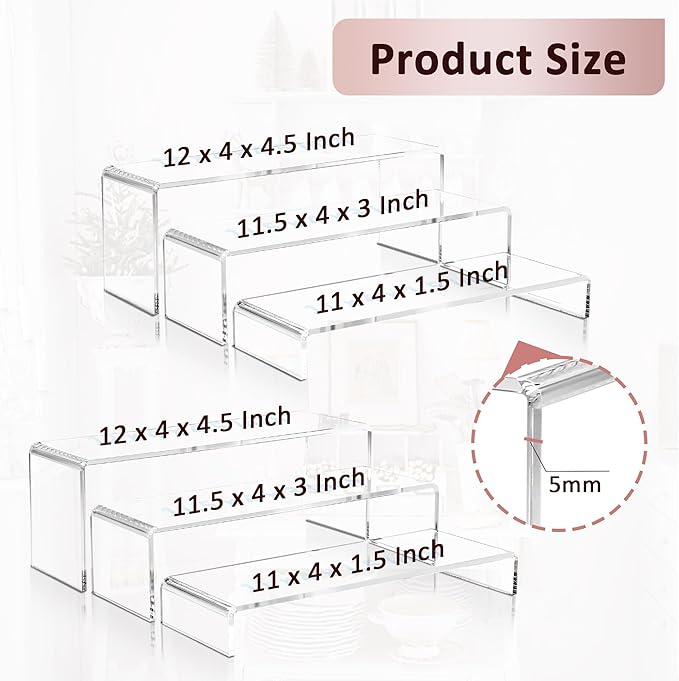 2 Set Large Acrylic Clear Display Risers, 3 Sizes 12" Rectangular Showcase Collectibles Display Shelf, 5mm Thick Desktop Display Stand Holder for Figures, Jewelry, Perfume, Toys