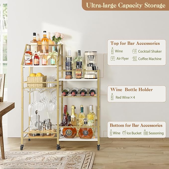 VINAEMO Gold Bar Cart With Wine Glass Holder, Stand for Home, Small Mini Bar for Whiskey Wine, Liquor Cart, Alcohol Cabinet for Kitchen, Dining Room