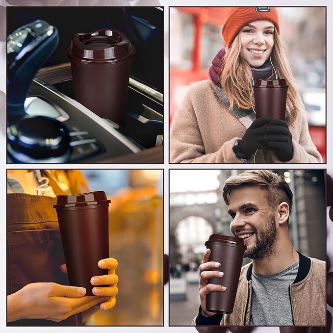 Domensi 15 Pack Reusable Coffee Cups with Lids 16 oz Disposable Travel Cups Bulk Plastic to Go Coffee Tumblers for DIY Hot Cold Drink Party Favors Coworker, Microwaveable (Brown)