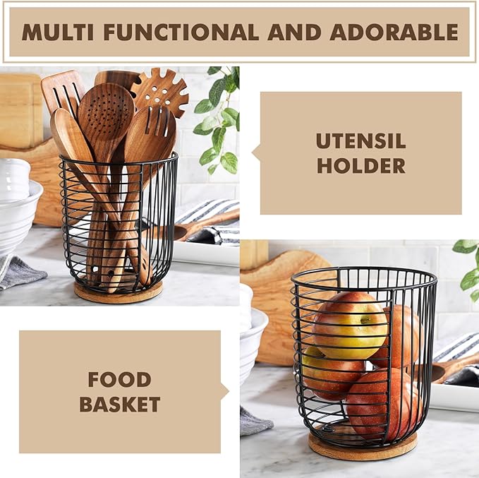 Coffee Pod Holder -Black Wire K Cup Storage with Wooden Base - Large Capacity Slim Design - Modern Coffee Basket Decor for Kitchen Countertop for Keurig Kcups & Espresso Capsules