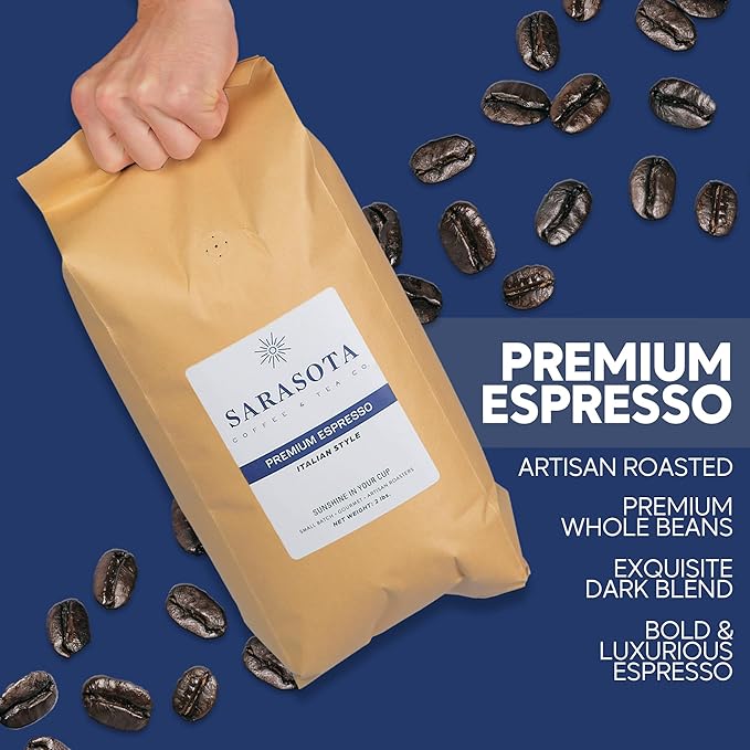 Sarasota Coffee Whole Bean Espresso | Dark Roast Gourmet Coffee Beans | Low Acid, Mold Free, Specialty Grade Bulk Beans | 5lb (80 oz)