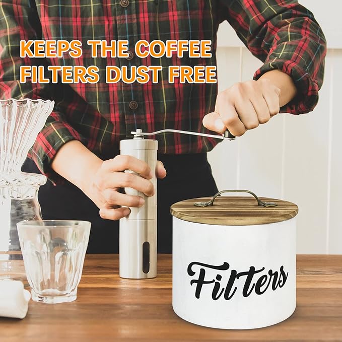 Coffee Filter Holder, Farmhouse White Filter Storage Container Basket for Counter, Wooden Case, Coffee Bar Accessories