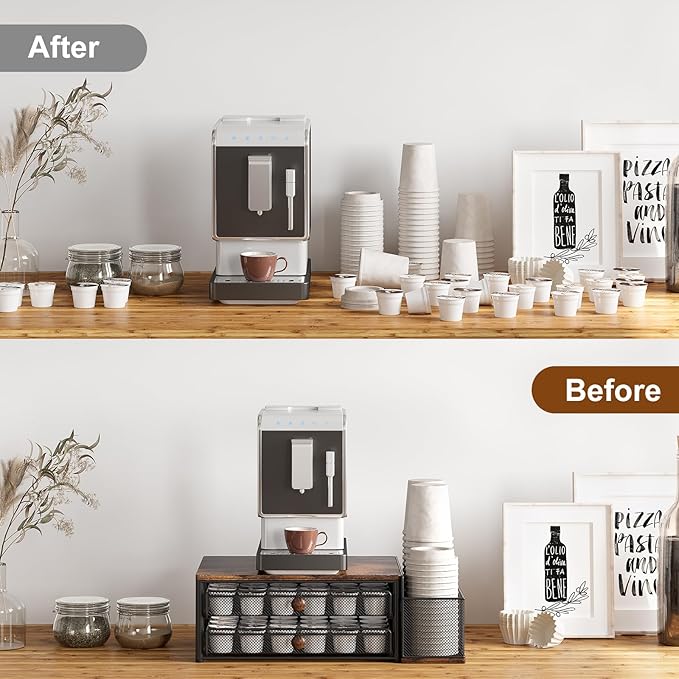 TQVAI K Cup Holder - 60 Capsule Capacity 2 Tier Sliding Pods Storage Drawer with Disposable Cups & Lids Holder, Coffee Bar Station Organizer for Countertop, Black