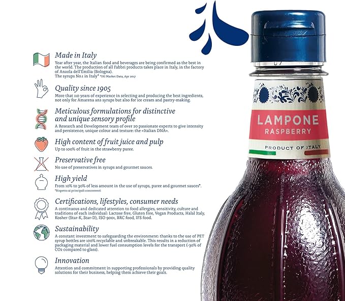 Fabbri Flavoring Syrup, Raspberry, Made in Italy, 33.8 Ounce (1 Liter)