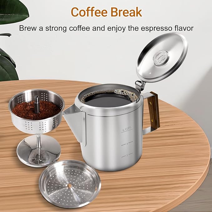 No Coating 6 Cup Percolator Coffee Pot 304 Stainless Steel Moka Pot Stovetop Espresso Maker Italian Greca Cuban Machine 1000ml 33.8oz Suitable for Gas Induction Stovetop Camping Kettle