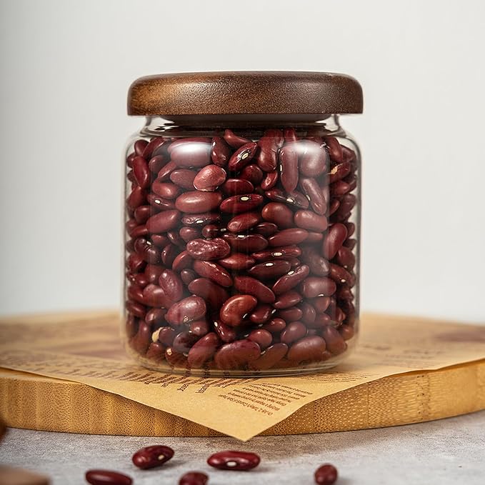 1 PC Small Glass Storage Jars with Airtight Lids, 14 FL OZ (420ml) coffee container with Wooden Lid, Glass Pantry Canister for Beans, Rice, Sugar and etc