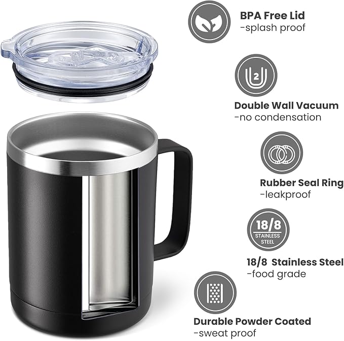 MEWAY 12oz Coffee Mug With Handle 2 Pack Bulk,Stainless Steel Insulated Travel Tumblers With Sliding Lid,Double Wall Vacuum Camping Cup for Hot & Cold Drinks Tea (Black,Set of 2)