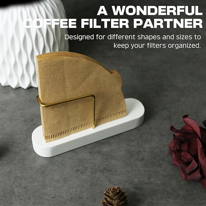 Coffee Filter Holder Storage, Marble & Brass Rack Coffee Filter Container for Coffee Bar/Home/Office, Compatible with #1/#2/#4/V60 Coffee Filter