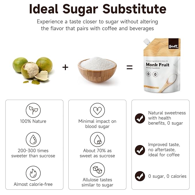 SPICEEL Monk Fruit Sweetener with Allulose - White Sugar Substitute, Coffee, Tea, without Erythritol, Gluten Free, Vegan, Keto Friendly, Sugar Replacement (1 lb Pack of 3)