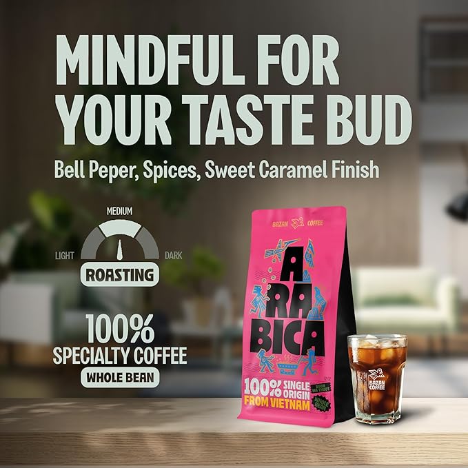 BAZAN COFFEE – Vietnamese Specialty Arabica Cau Dat, Medium Roast Whole Bean Coffee, Single Origin, Floral & Warm Spice Notes, Low Acidity, Perfect with Milk or Black, 12oz Bag
