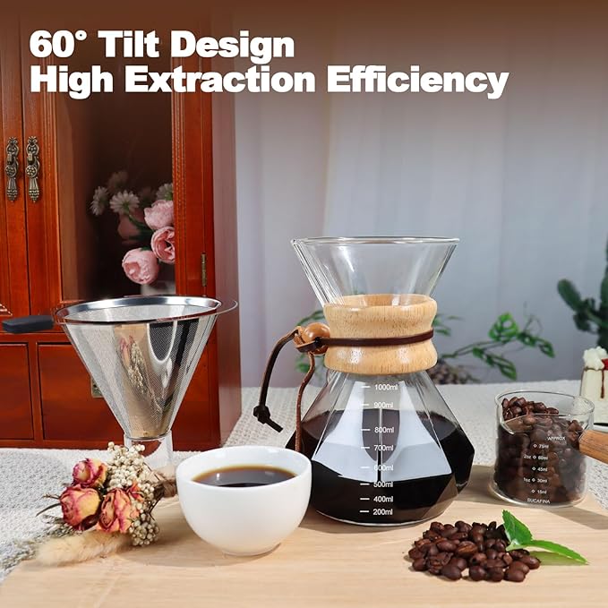 Pour Over Coffee Pot Set 1000ml Features 304 Stainless Steel Filter Glass Coffee Pot with High Borosilicate Glass Duckbill Spout Design Solid Wood Handle Pour Over Coffee Drippers Daily Brewing