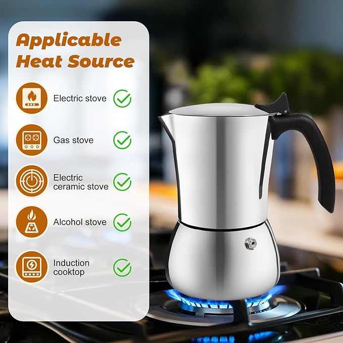 No Coating 9 Cup Thickened 304 Stainless Steel Moka Pot Stovetop Espresso Maker Italian Coffee Machine 450ml 15oz Suitable for Gas Induction Stovetop Greca Coffee Maker Percolator